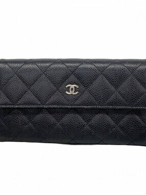 Chanel Wallet Quilted Caviar Leather Black Silver